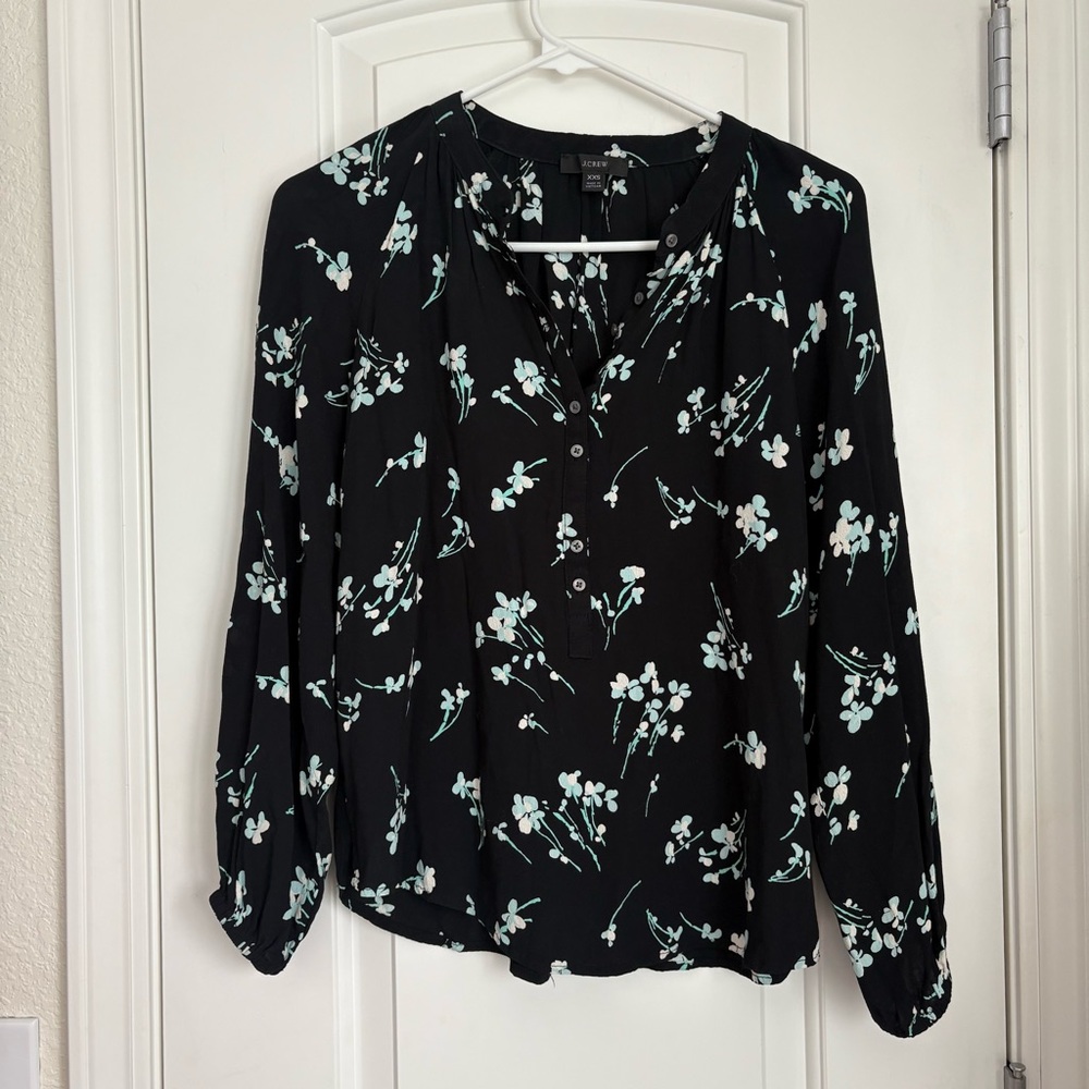 J Crew Women’s Floral Black Long Sleeve Button Tunic Blouse - XXS